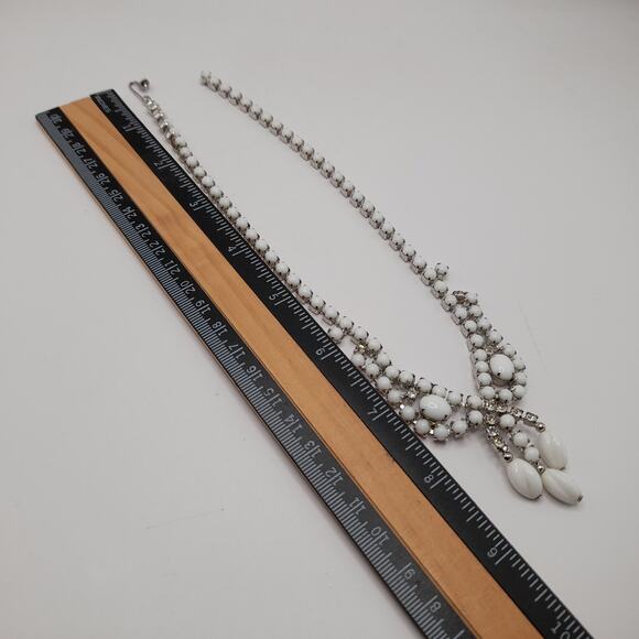 Vintage Milk Glass & Rhinestone Tassel Choker Necklace 15 Inch Rhodium - Picture 8 of 10